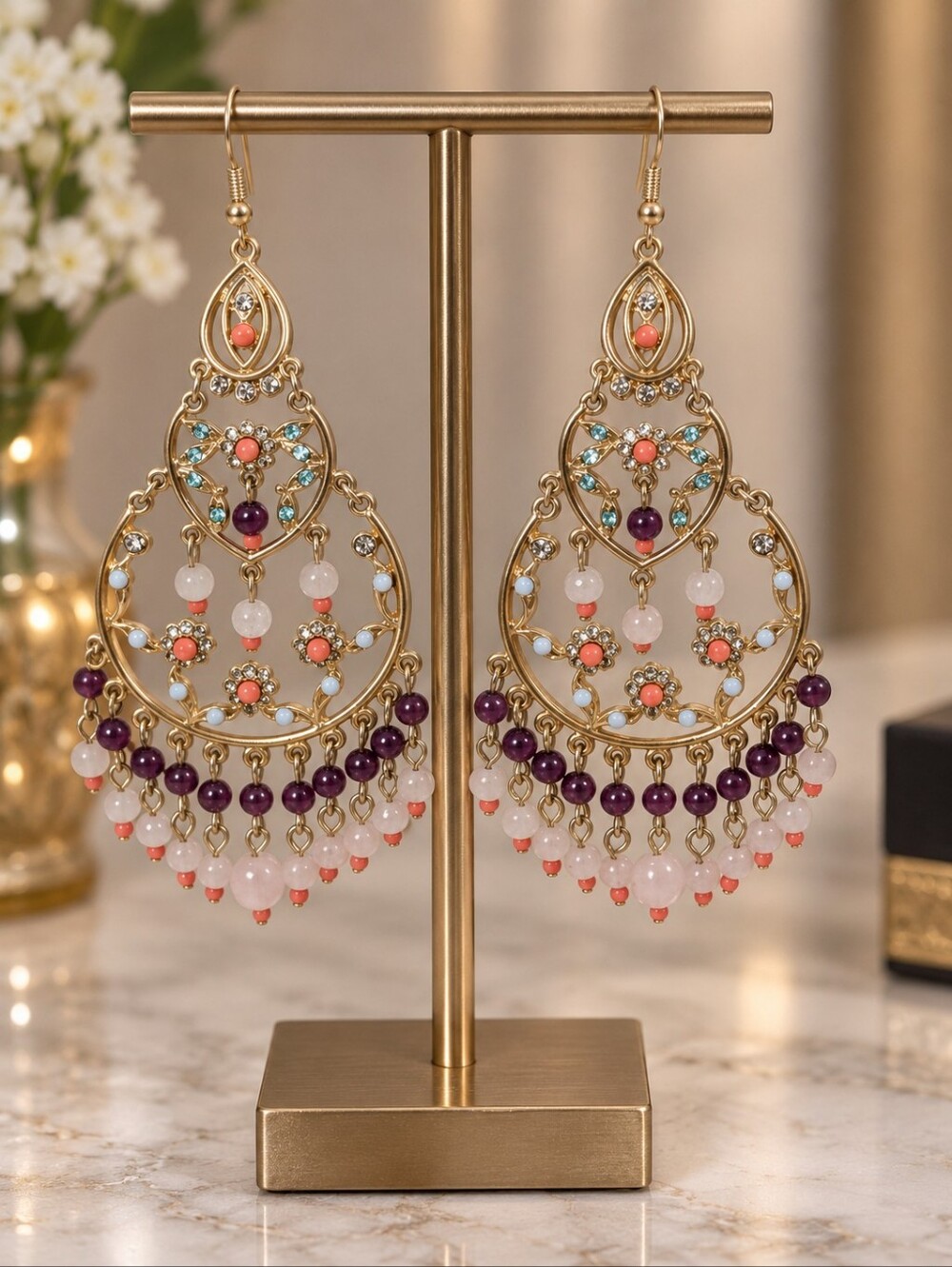 Lee Angel Gold-Tone Filigree Chandelier Earrings with Pink, Purple & Coral Beads